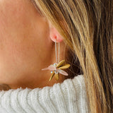 Eileen Earrings in Matte Pink and Golden with Transparent Pink Drops - Sterling Silver