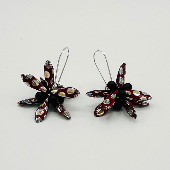 Eileen Earrings in Garnet Red with Metallic Dots and Black Accent