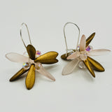 Eileen Earrings in Matte Pink and Golden with Transparent Pink Drops