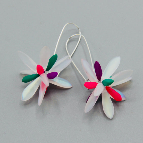 Eileen Earrings in Frosted White and Neon Green/Pink/Purple Accent