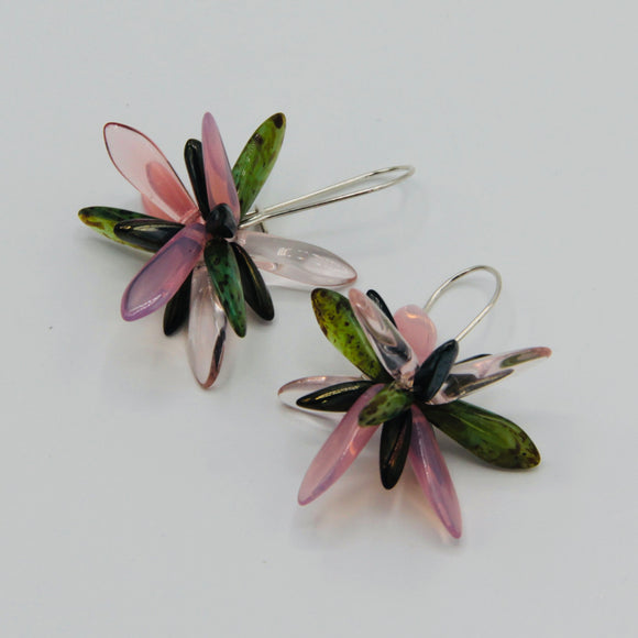 Eileen Earrings in Pink and Stone Green with Dark Accents