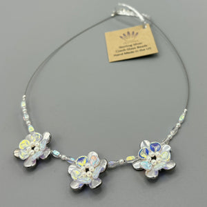 Andrea Necklace Triple Flower in Shiny Opaque White with Pearl Centers