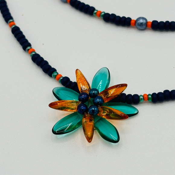 Layered Elizabeth Necklace in Green, Soft Orange and Navy Blue