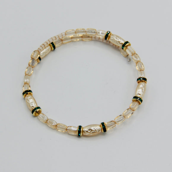 Whitney Bracelet in Creme with Pearls and Green Crystal Rhinestones