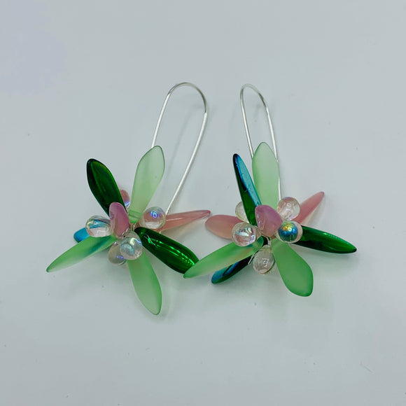 Eileen Earrings in Green and Pink with Small Pink Drops