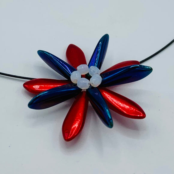 Elizabeth Necklace in Pearly Red, Shiny Blue, and White Center