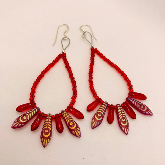 Amanda Earrings in Red with Laser Etched Peacock Design